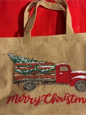 Festive Red Truck Burlap Tote Bag